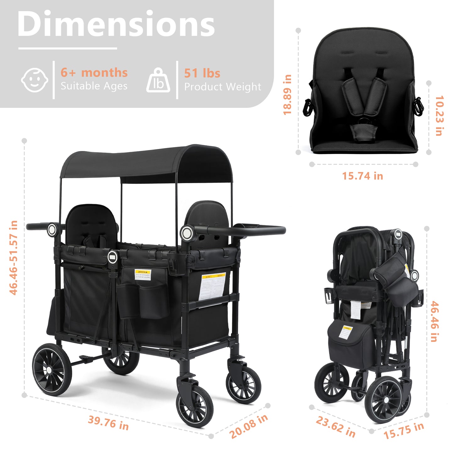 AILEEKISS Stroller Wagon for 2 Toddlers with Canopy, All-Terrain Baby Wagon Stroller, 55 Pounds, Black