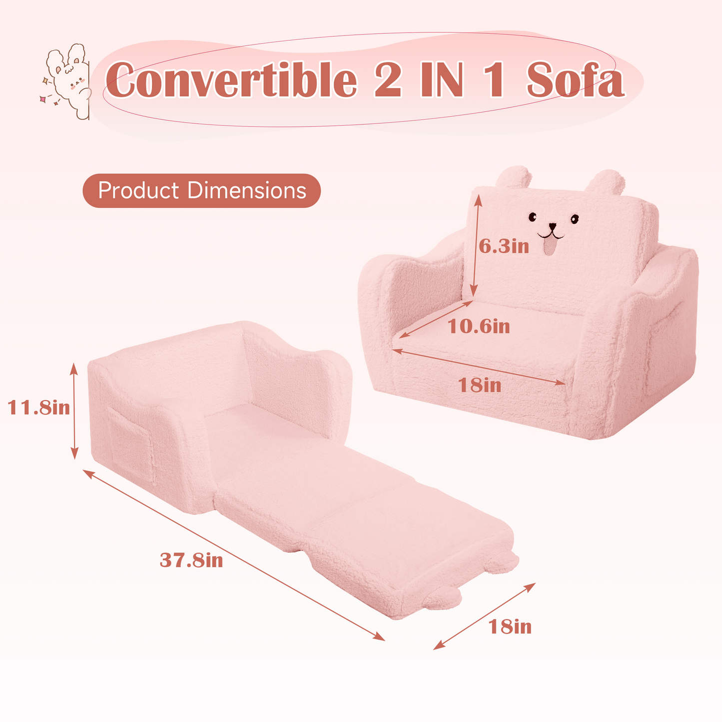 AILEEKISS Toddler Sofa, Foldable Kids Sofa Couch, Convertible Baby Lounger Chair for Playroom, Pink
