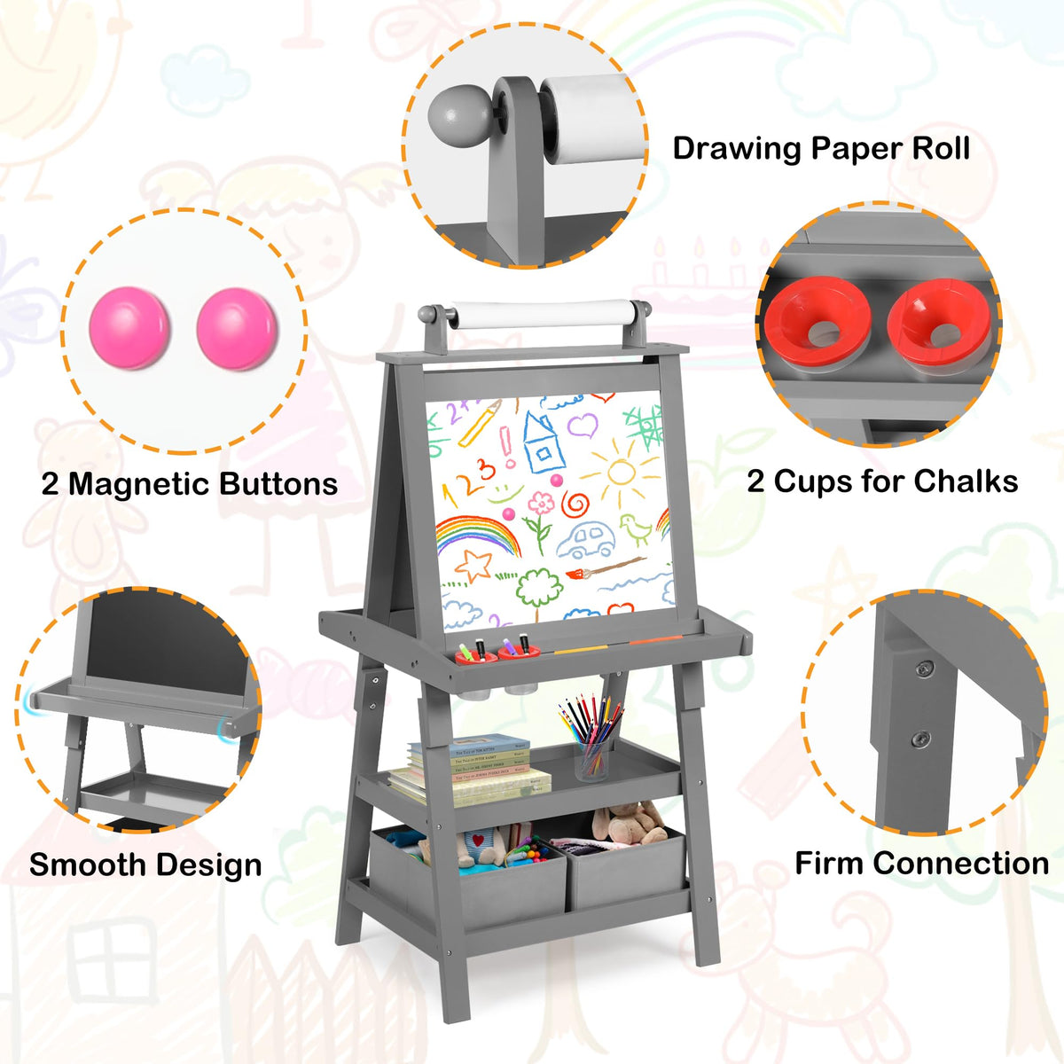LINLUX 3 in 1 Kids Art Easel Drawing Board Double-Sided Whiteboard Chalkboard, Grey