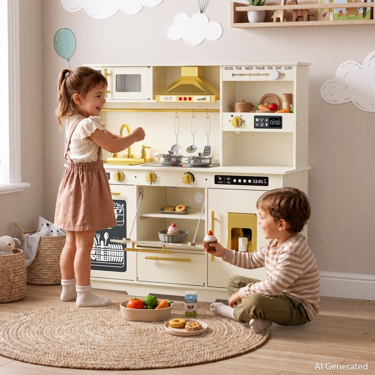 AILEEKISS Kids Toy Kitchen for Children, Pretend Kids Play Kitchen Set with Cooking Accessories, Beige