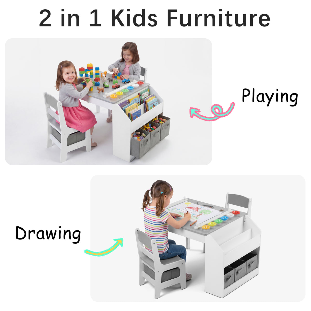 AILEEKISS Kids Table and Chair Set,Children Play Activity Desk for Drawing with 3 Drawers, Grey