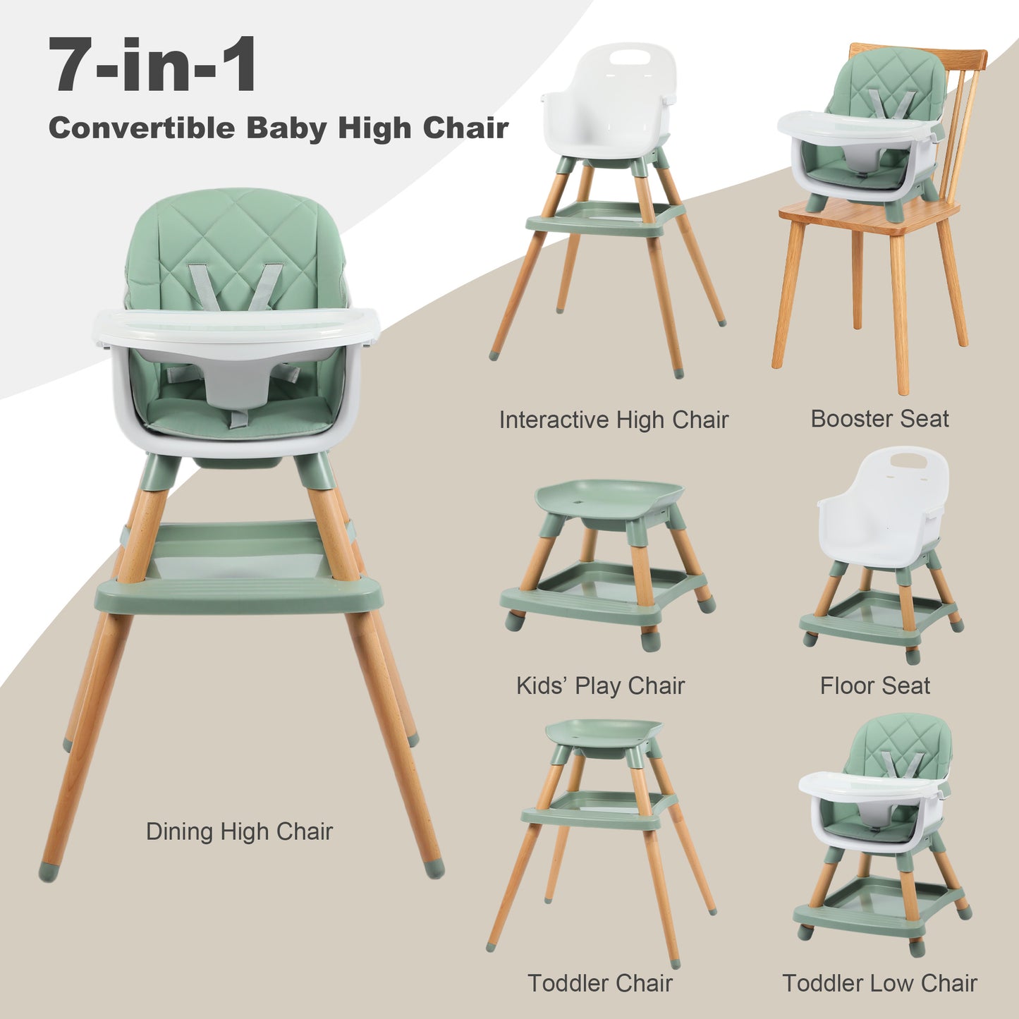 AILEEKISS 7 in 1 Wooden Baby High Chair Infant Feeding Chair with Removable Tray, Green