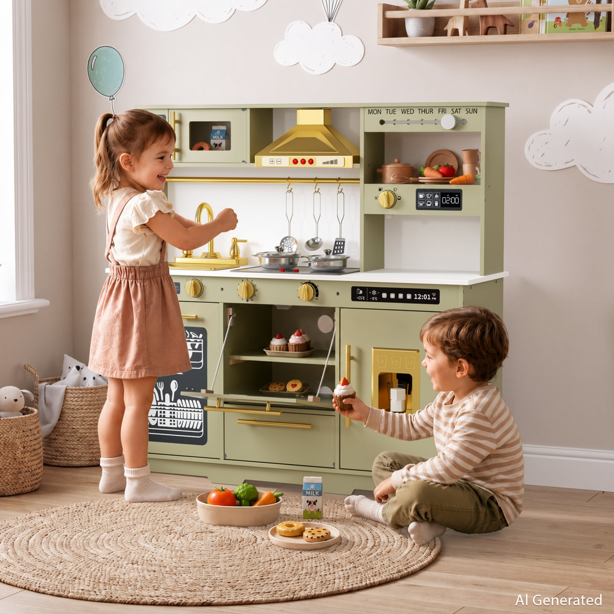 AILEEKISS Kids Toy Kitchen for Children, Pretend Kids Play Kitchen Set with Cooking Accessories, Green