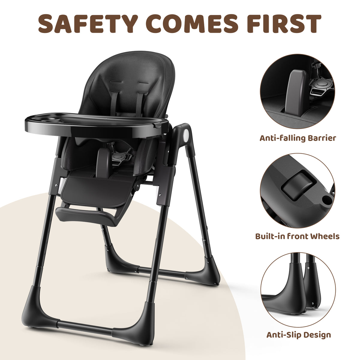 AILEEKISS Foldable High Chair for Baby, Toddler Eating Chair with Detachable Double Trays, Black