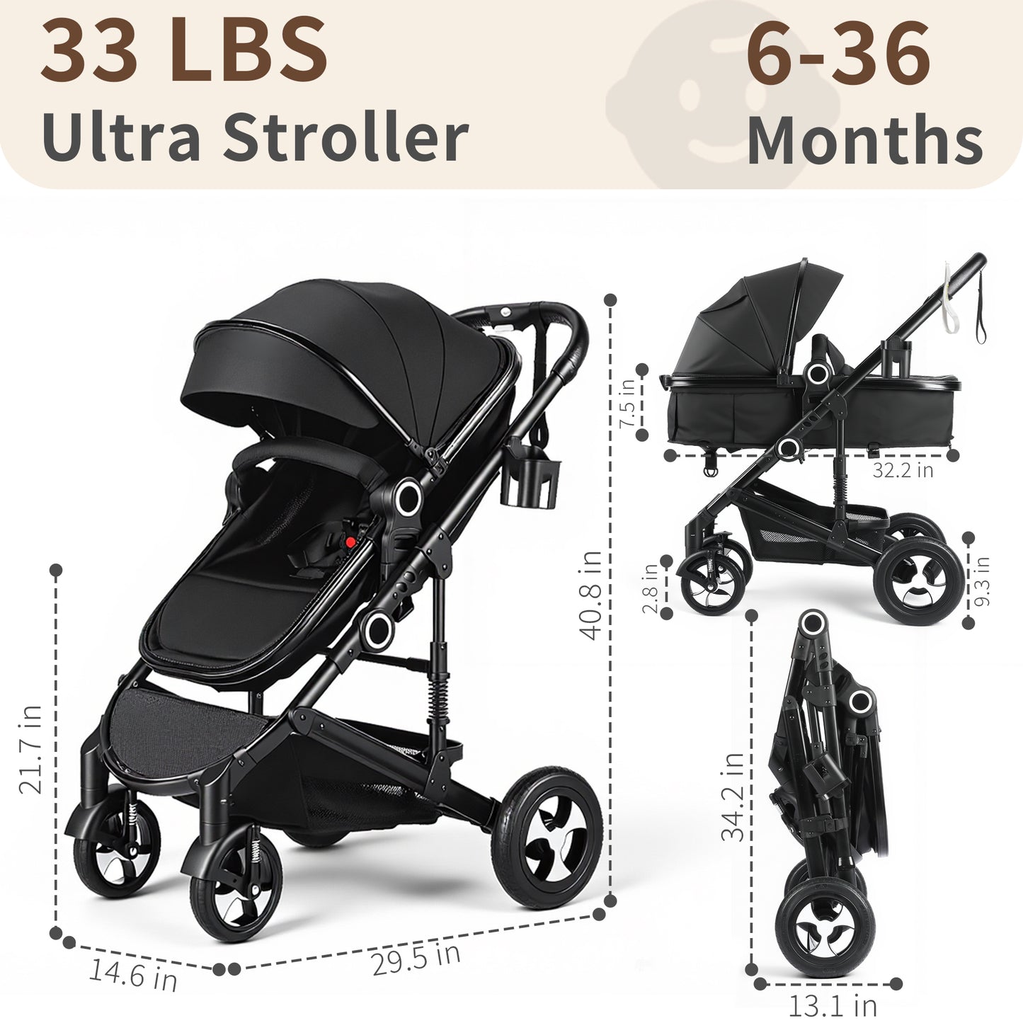 AILEEKISS 3 in 1 Convertible Baby Stroller, Unisex Folding Newborn Stroller with Big Seat, Black