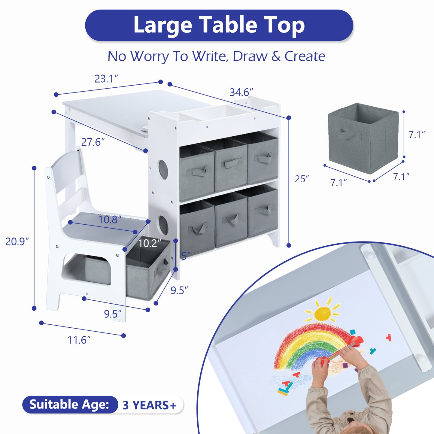 LINLUX Kids Art Table w/Easel, Kids Craft Table & Chair Set for Drawing, Child Activity Table, Grey