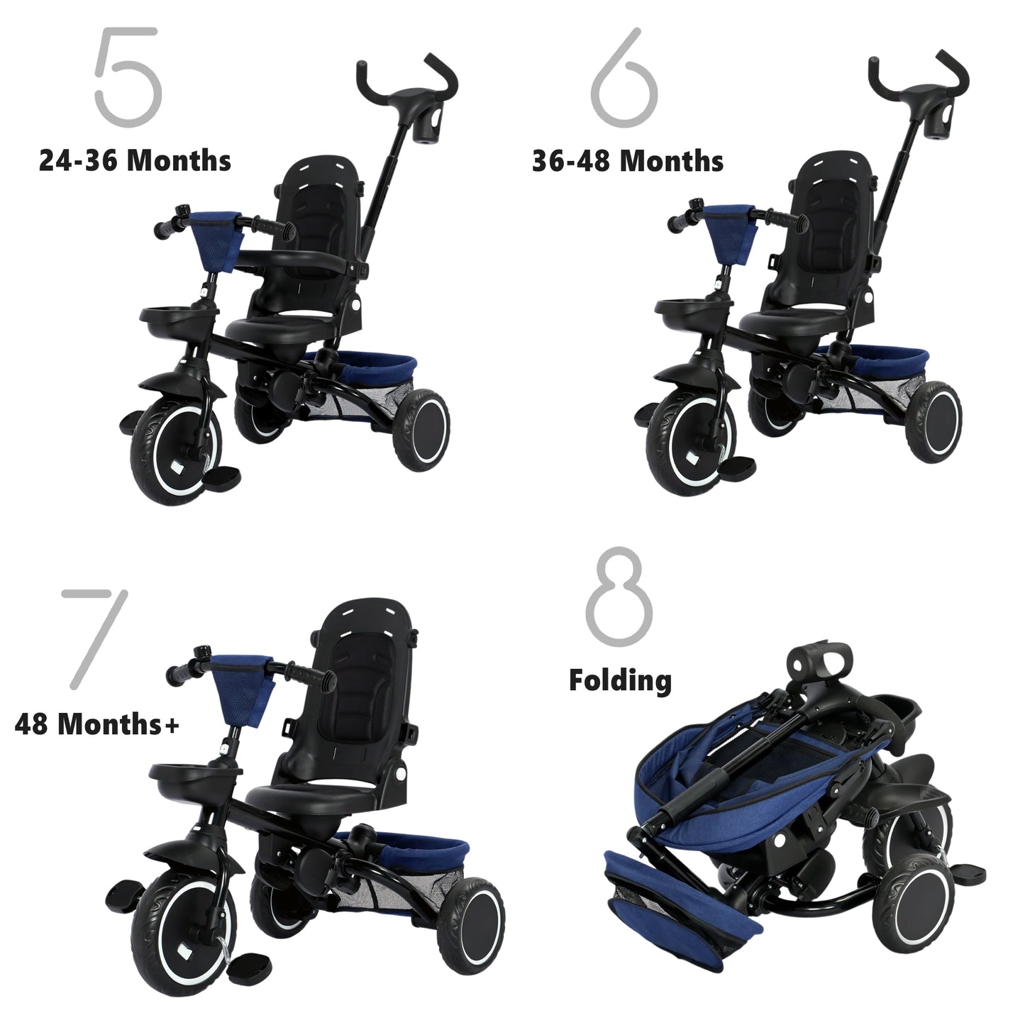 AILEEKISS 8-in-1 Kids' Tricycle Stroller, Folding Toddler Bicycle Unisex Ride Trike 1-6 Years, Blue