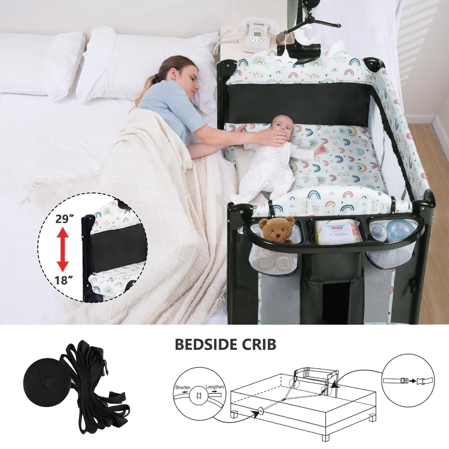 LINLUX Foldable Baby Bedside Crib Bassinet, Infant Pack and Play Playard, Newborn Playpen Changing Table, Multicolor
