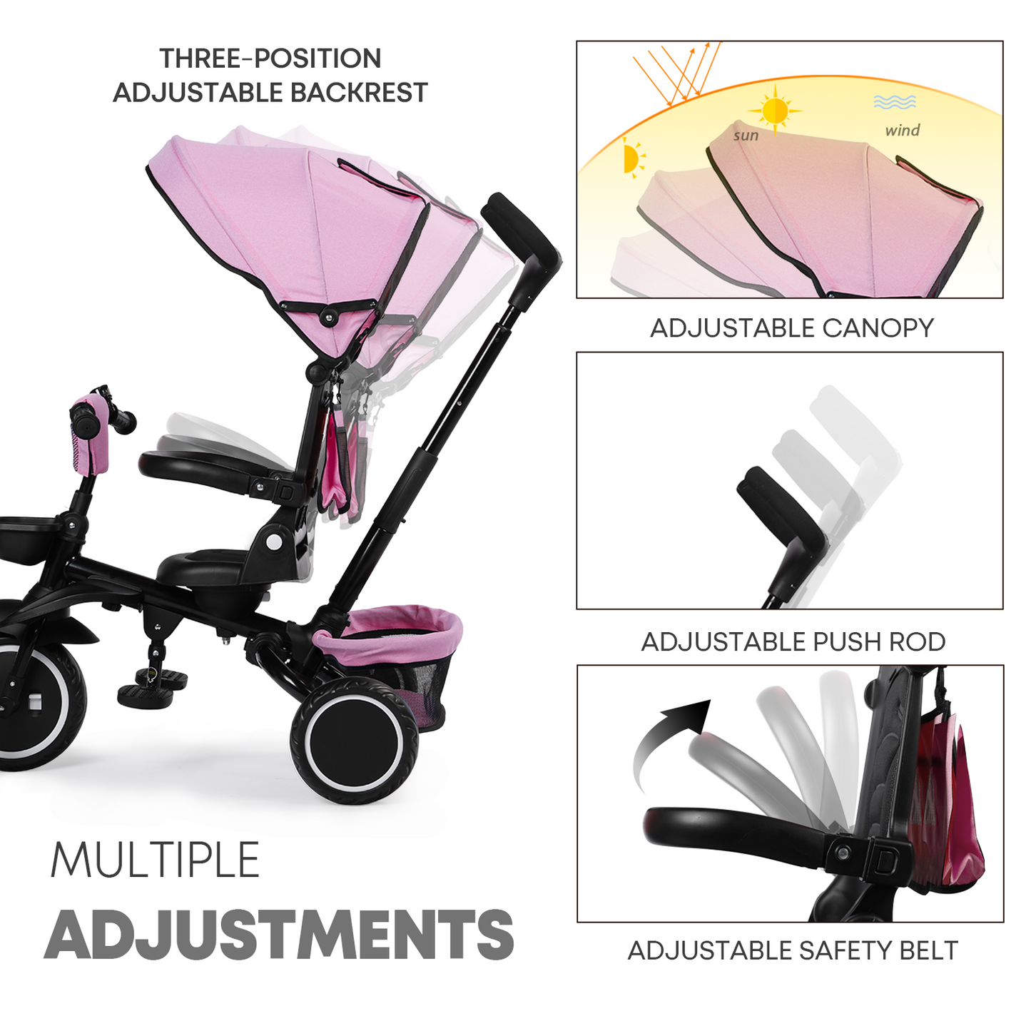 LINLUX 8 in 1 Kids Tricycle, Folding Toddler Trike with Push Handle, Tricycle for Kids, Pink
