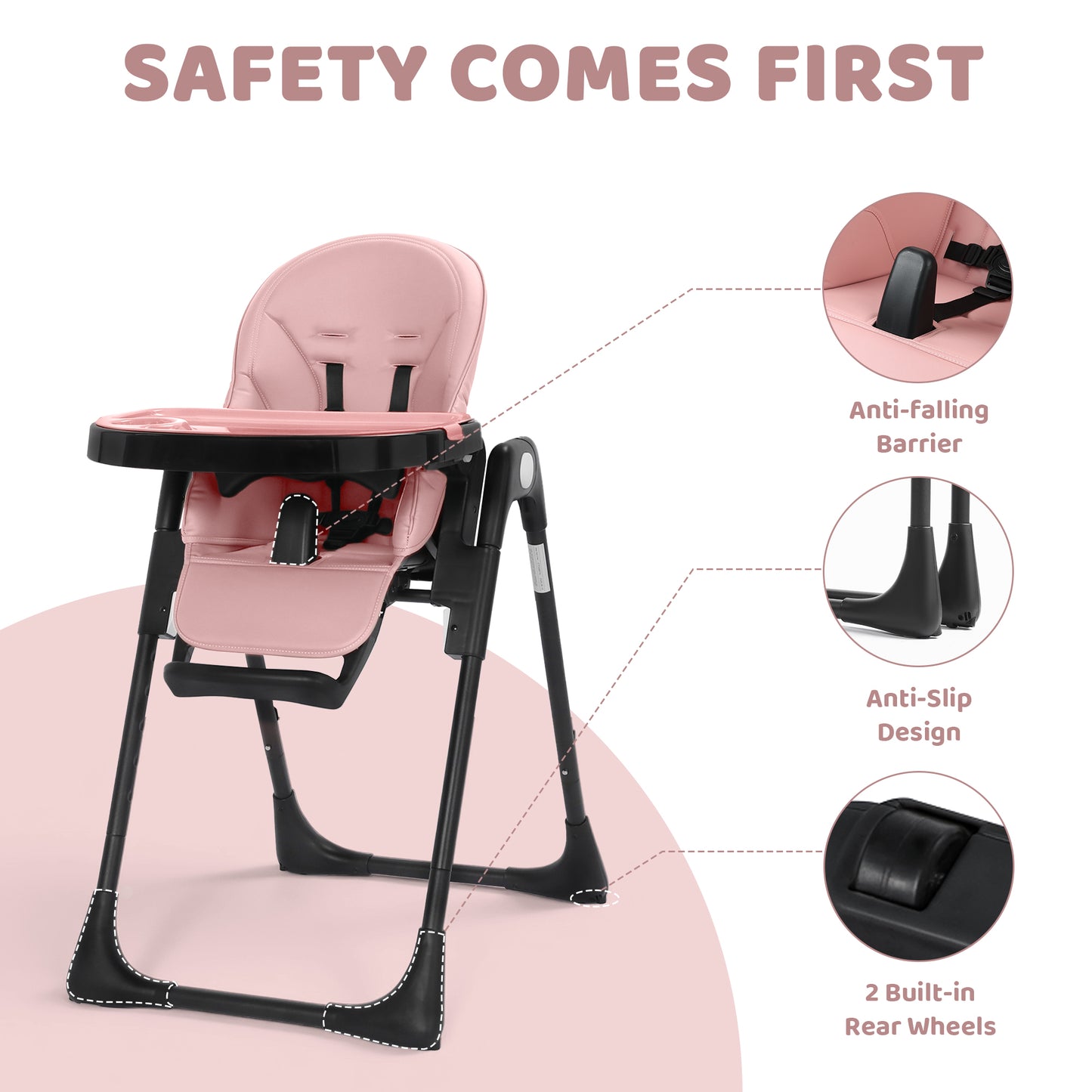 AILEEKISS Foldable High Chair for Baby, Toddler Eating Chair with Detachable Double Trays, Black Pink