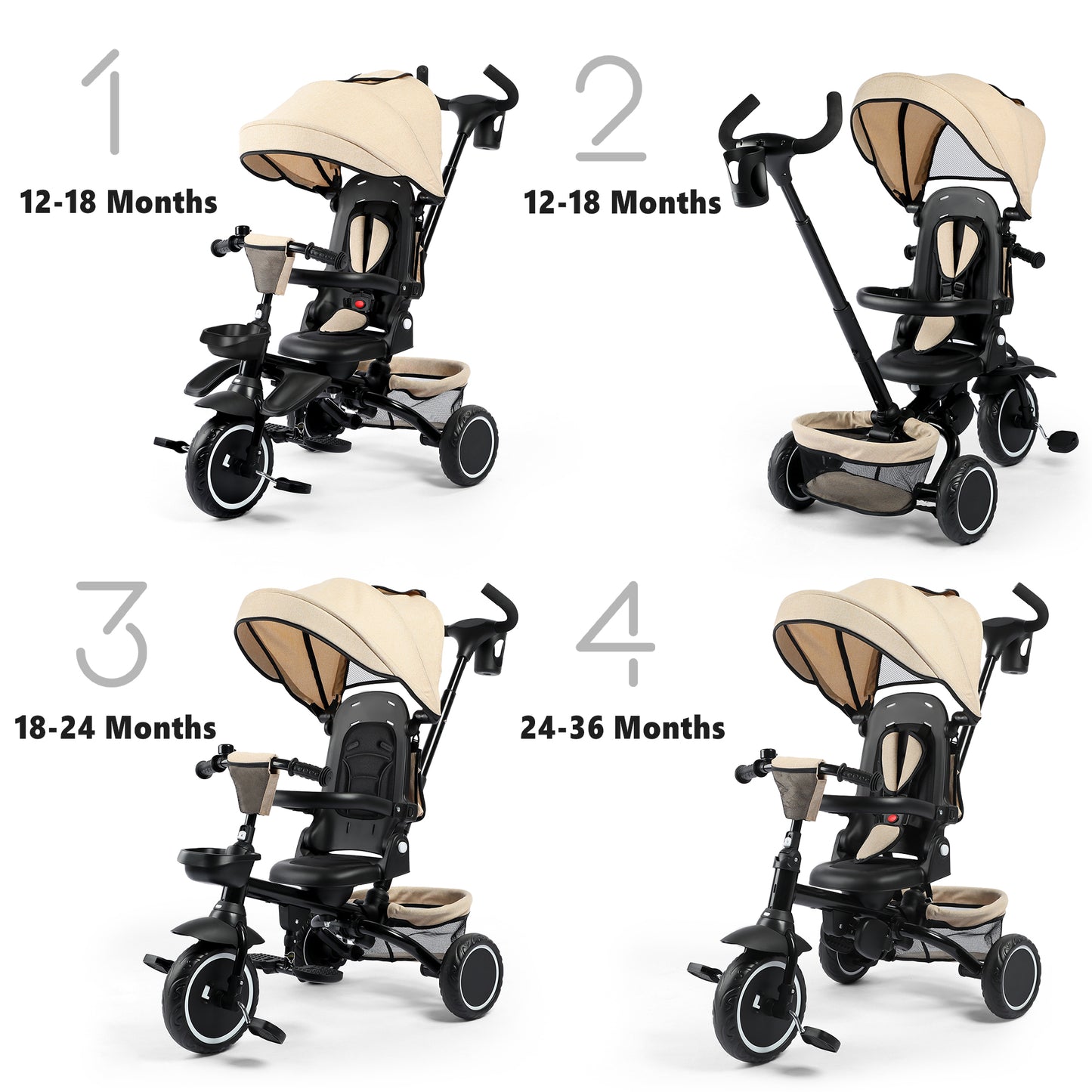 AILEEKISS 8-in-1 Kids' Tricycle Stroller, Folding Toddler Bicycle Unisex Ride Trike 1-6 Years, Khaki