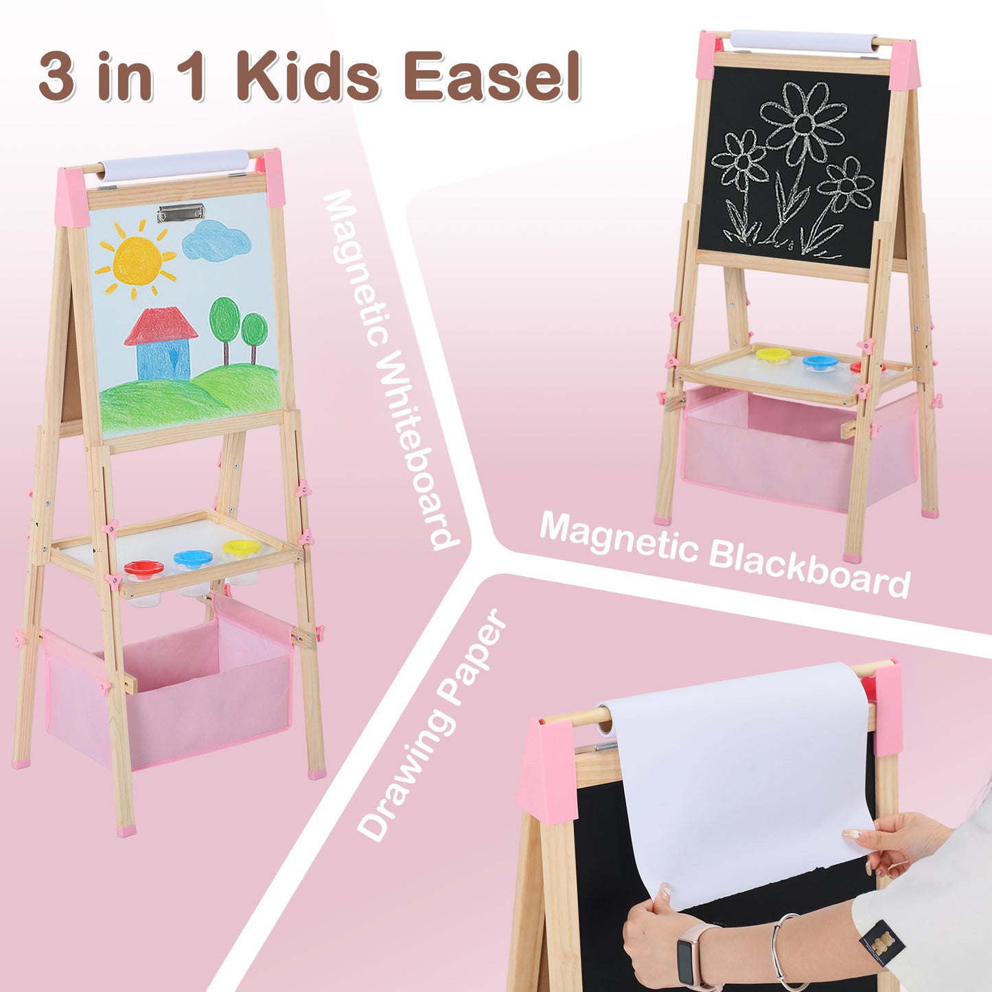 LINLUX Double-Sided Art Easel for Kids, 3 in 1 Wooden Kids Easel w/Paper Roller & Art Supplies, Pink