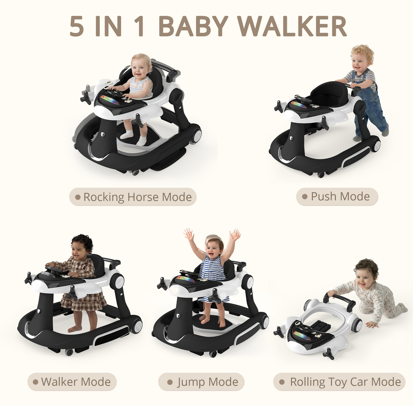 AILEEKISS 5-in-1 Musical Baby Walker with Wheels, Foldable Baby Walker for Boys Girls, Black