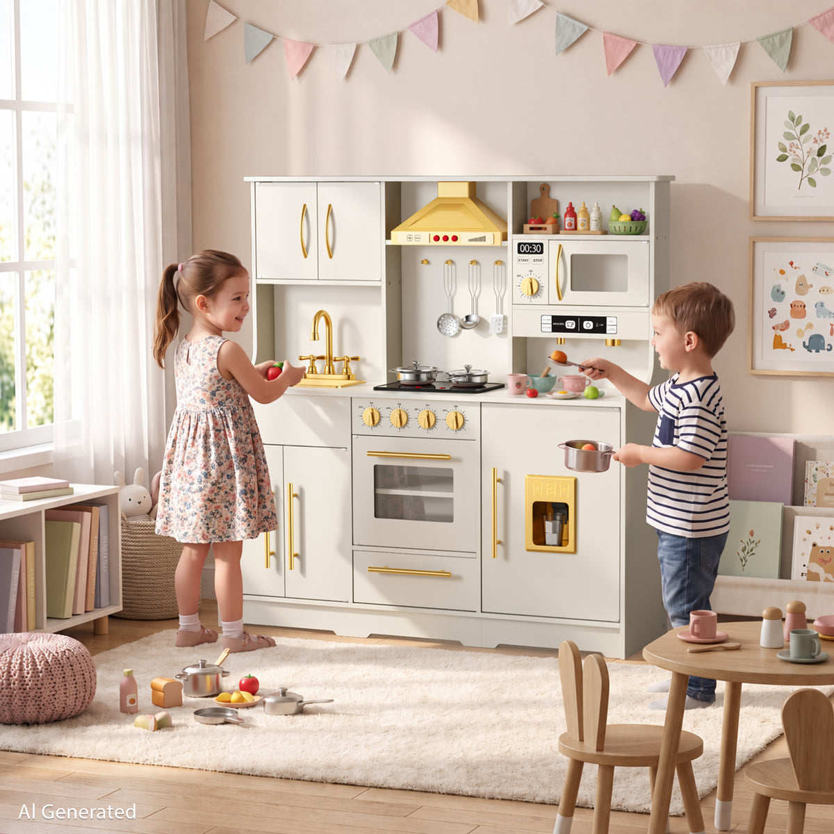 AILEEKISS Wood Kids Play Kitchen, Pretend Kitchen Playset for Children Age 3 Years up, White