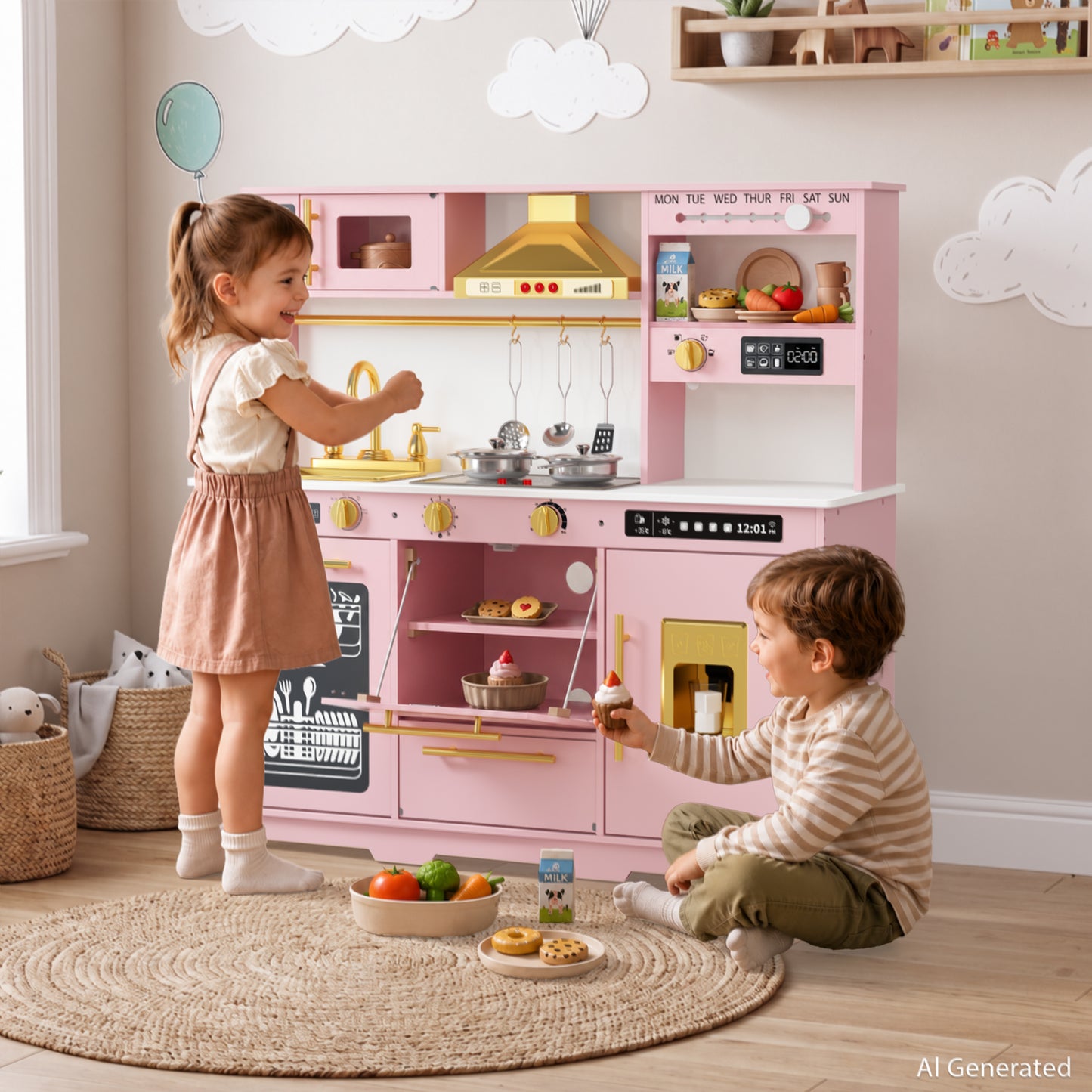 AILEEKISS Kids Toy Kitchen for Children, Pretend Kids Play Kitchen Set with Cooking Accessories, Pink