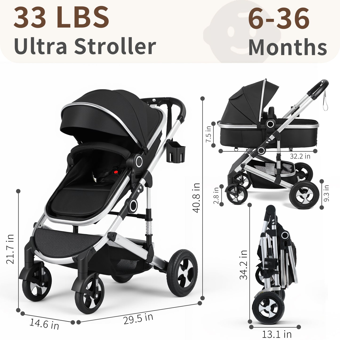 AILEEKISS 3 in 1 Convertible Baby Stroller, Unisex Folding Newborn Stroller with Big Seat, Black Silver