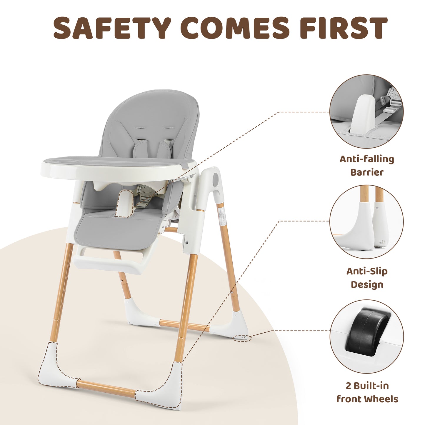 AILEEKISS Foldable High Chair for Baby, Toddler Eating Chair with Detachable Double Trays, Natural Grey