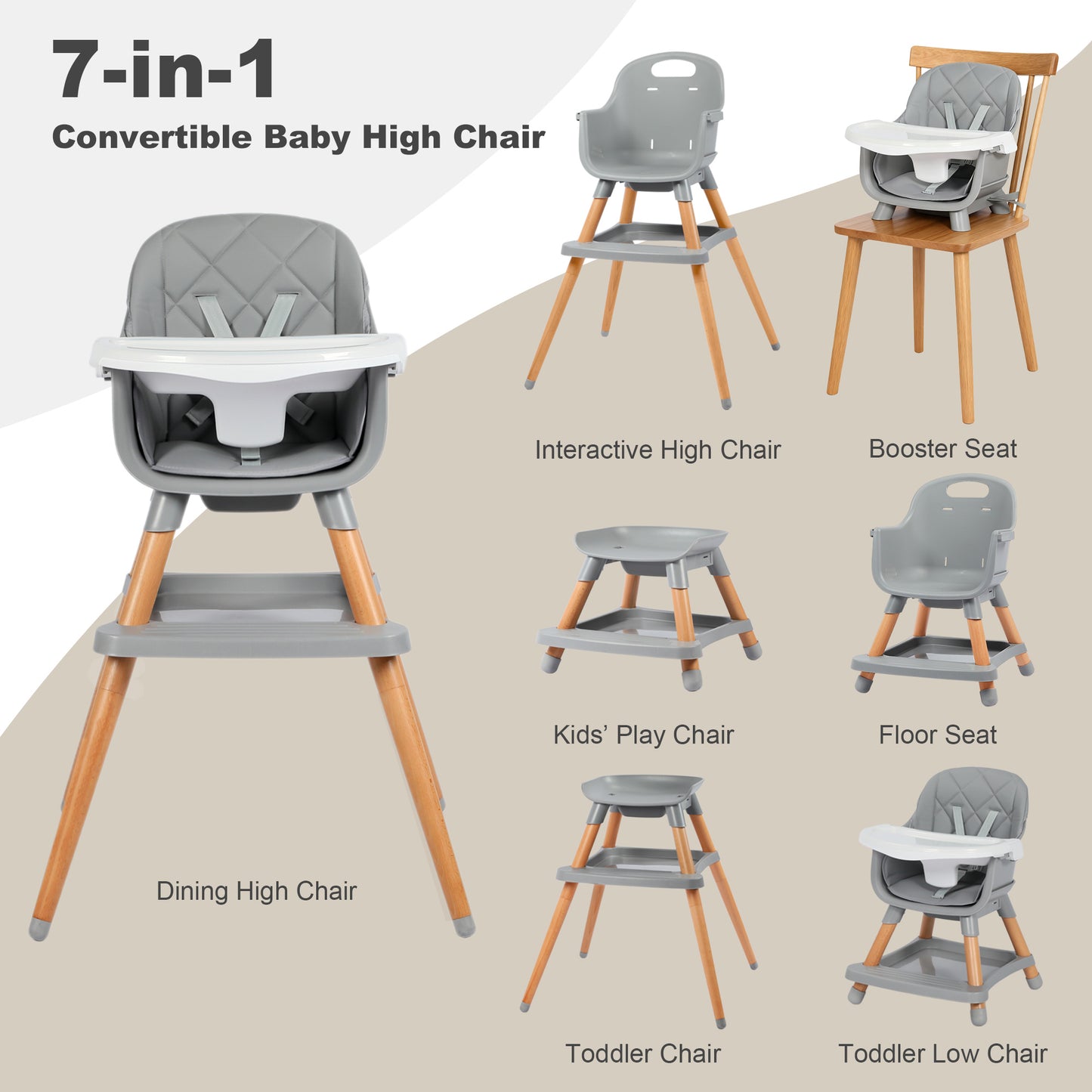 AILEEKISS 7 in 1 Wooden Baby High Chair Infant Feeding Chair with Removable Tray