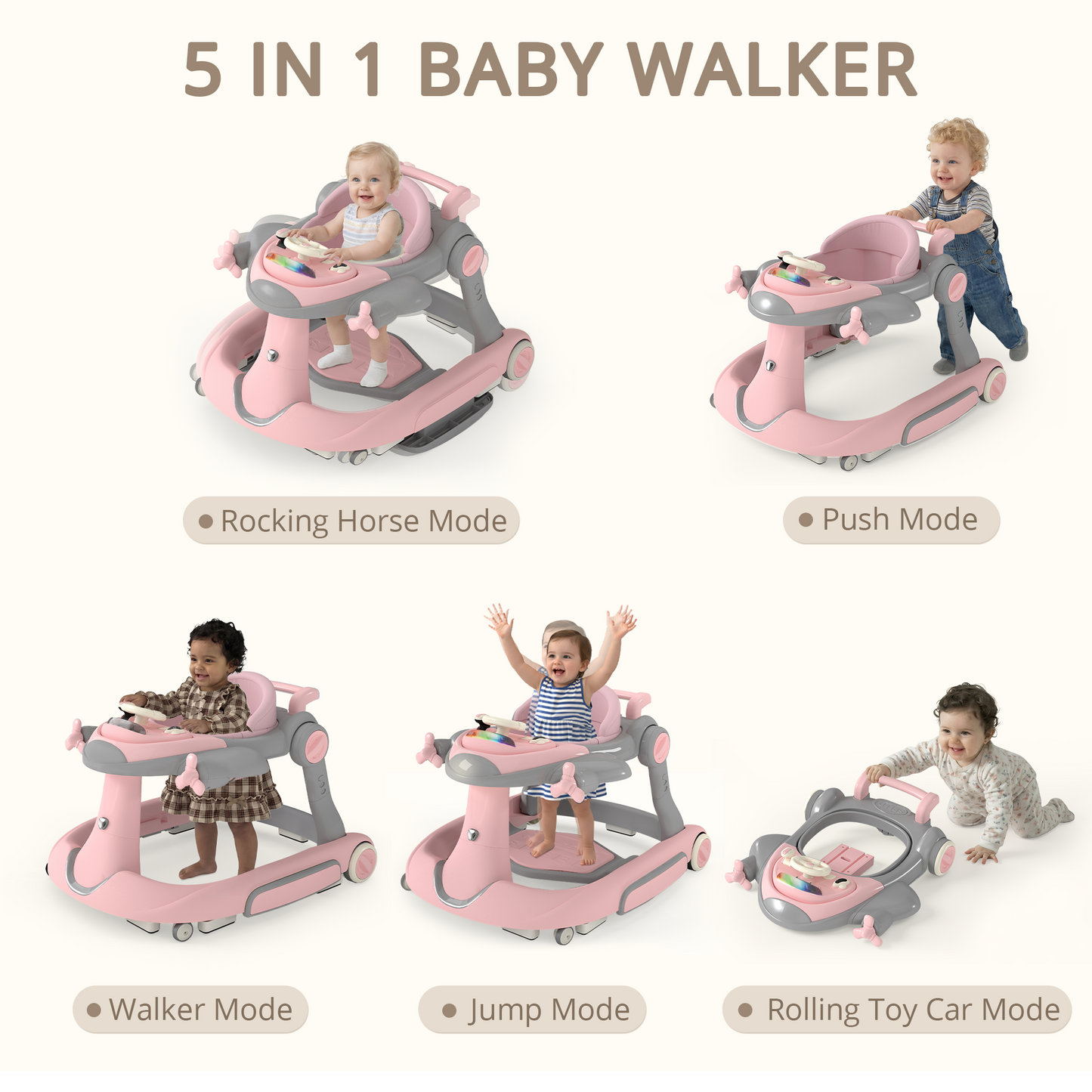 AILEEKISS 5-in-1 Musical Baby Walker with Wheels, Foldable Baby Walker for Boys Girls, Pink& Gray