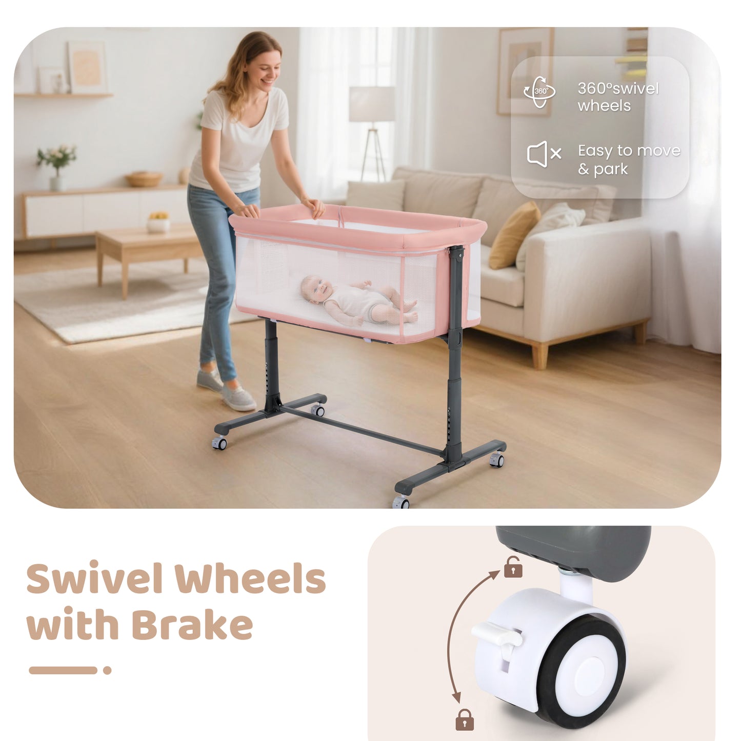 AILEEKISS Baby Bassinet Bedside Sleeper, Height Adjustable Newborn Baby Bassinet with Wheels, Pink