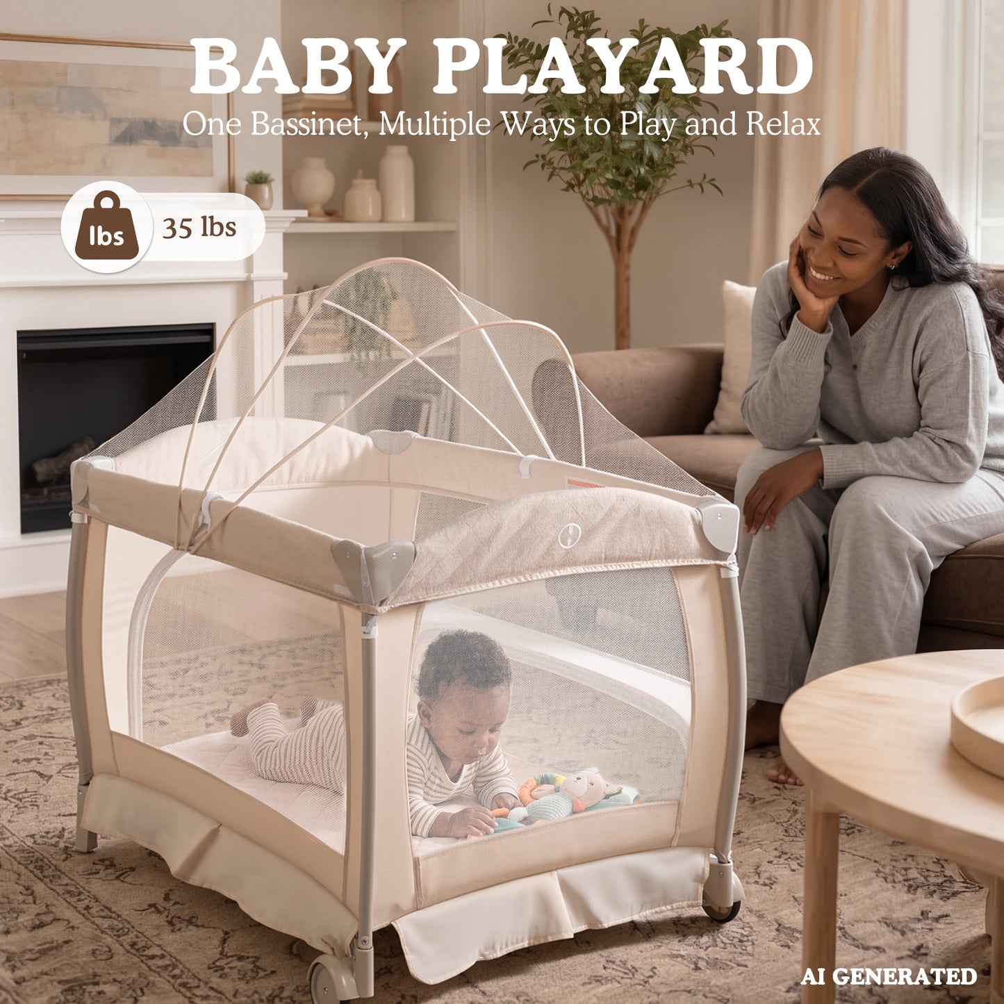 AILEEKISS 3-in-1 Baby Playard with Changing Table & Toy Bar, Portable Pack and Play for Newborn, Beige