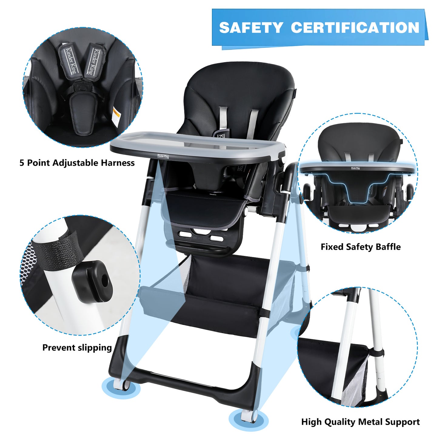 Foldable Baby High Chair with Wheels Adjustable Height Recline for Babies & Toddlers, Black