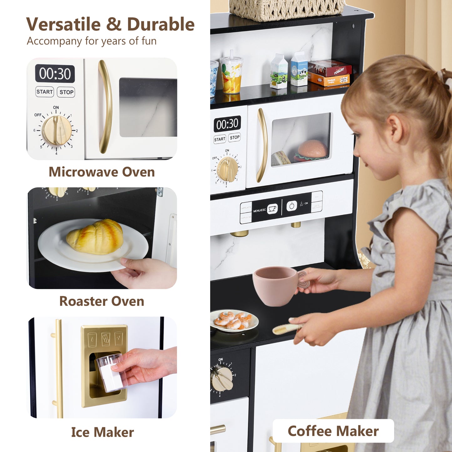 LINLUX Wooden Kids Play Kitchen, Toy Kitchen Playset For Toddler, Realistic Kitchen Sets Baby,Black