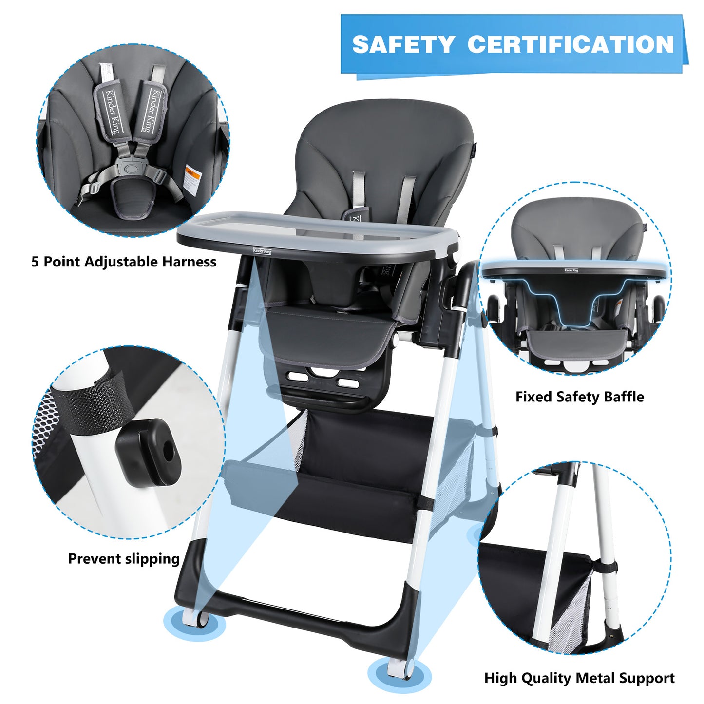 Foldable Baby High Chair with Wheels Adjustable Height Recline for Babies & Toddlers, Grey