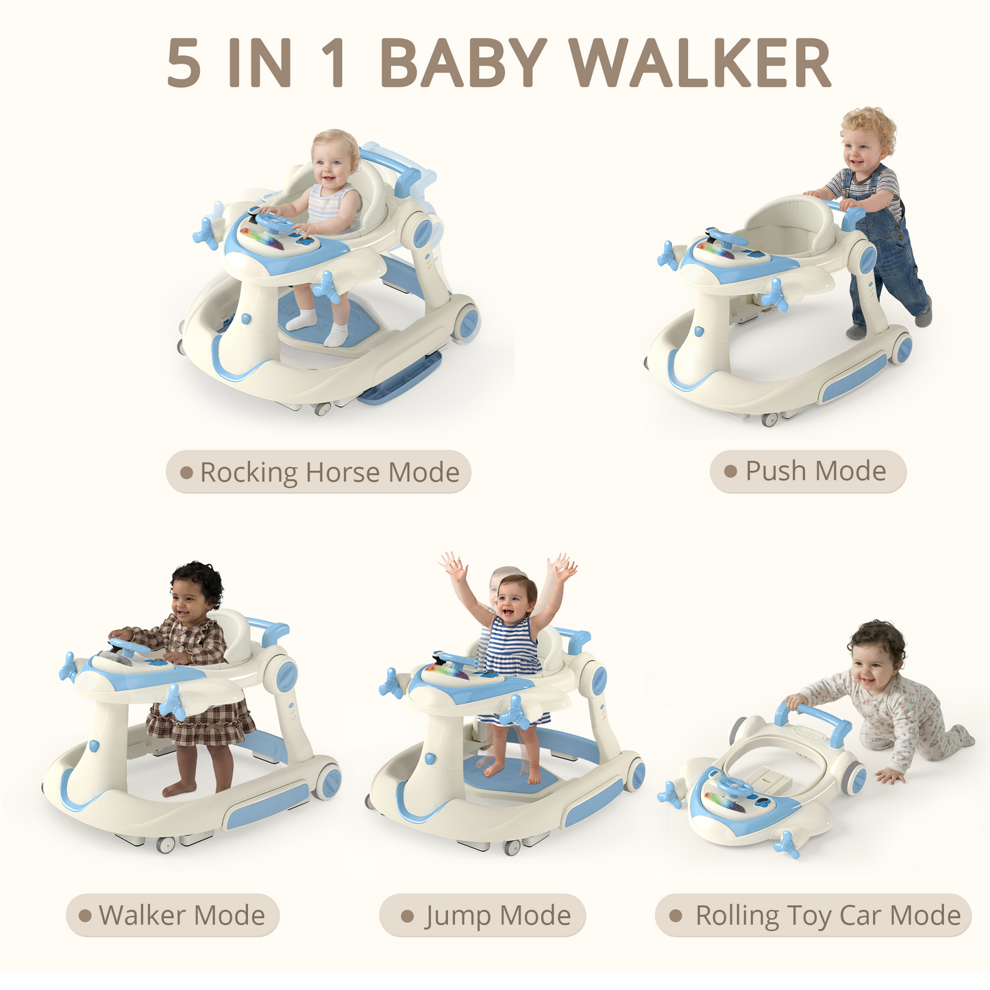 AILEEKISS 5-in-1 Musical Baby Walker with Wheels, Foldable Baby Walker for Boys Girls, Blue