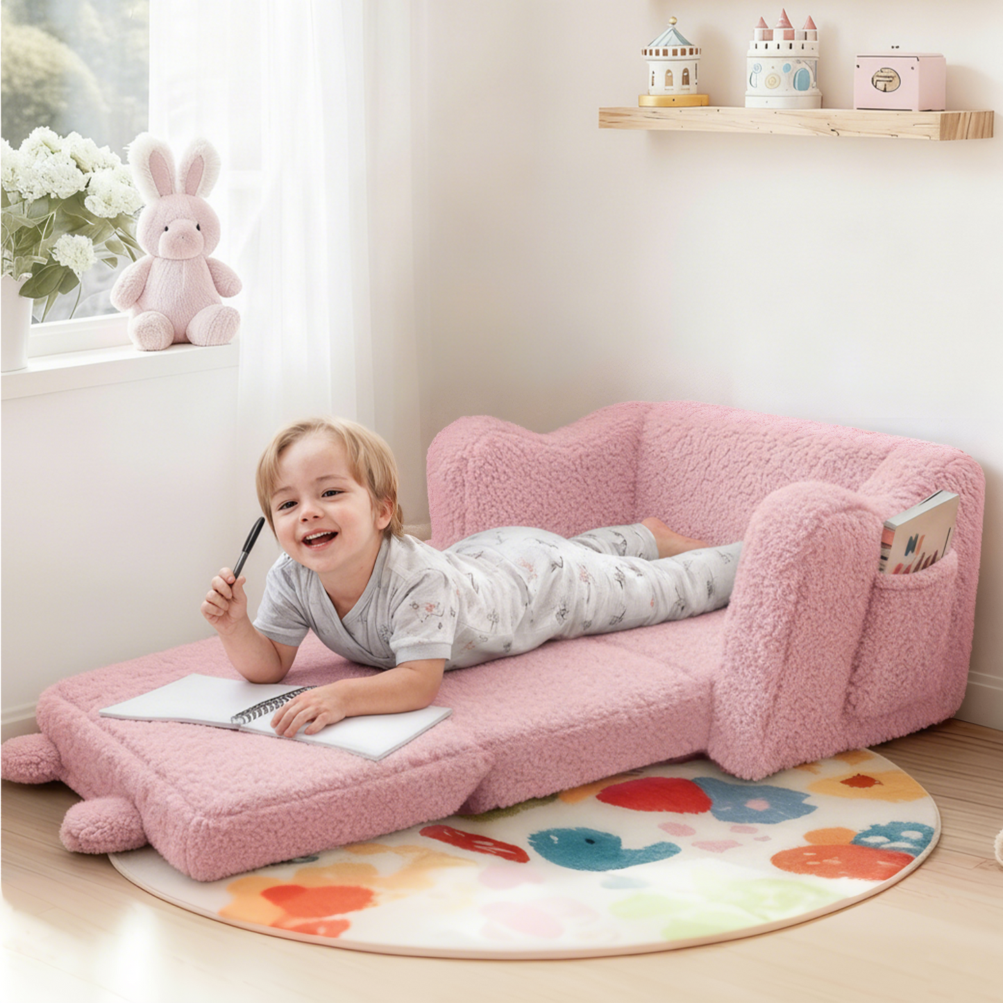 AILEEKISS Toddler Sofa, Foldable Kids Sofa Couch, Convertible Baby Lounger Chair for Playroom, Pink