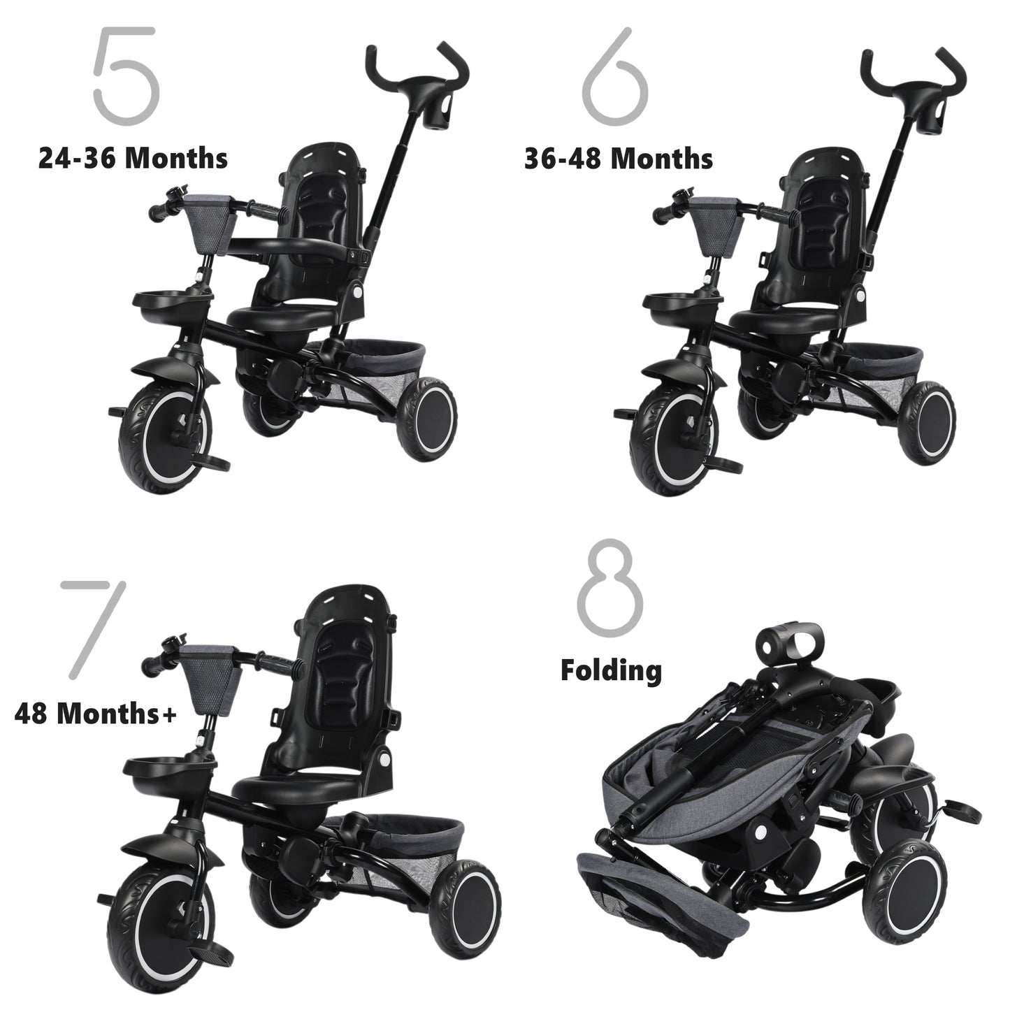 AILEEKISS 8-in-1 Kids' Tricycle Stroller, Toddler Bicycle Unisex Ride Trike 1-6 Years, Grey