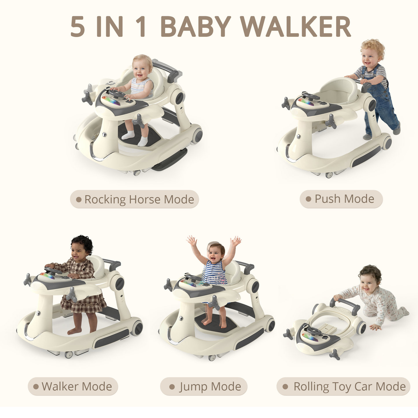 AILEEKISS 5-in-1 Musical Baby Walker with Wheels, Foldable Baby Walker for Boys Girls, Beige