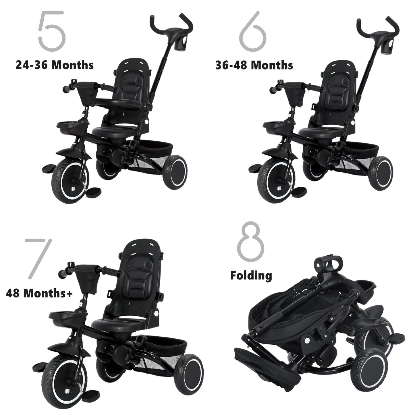AILEEKISS 8-in-1 Kids' Tricycle Stroller, Folding Toddler Bicycle Unisex Ride Trike 1-6 Years, Black