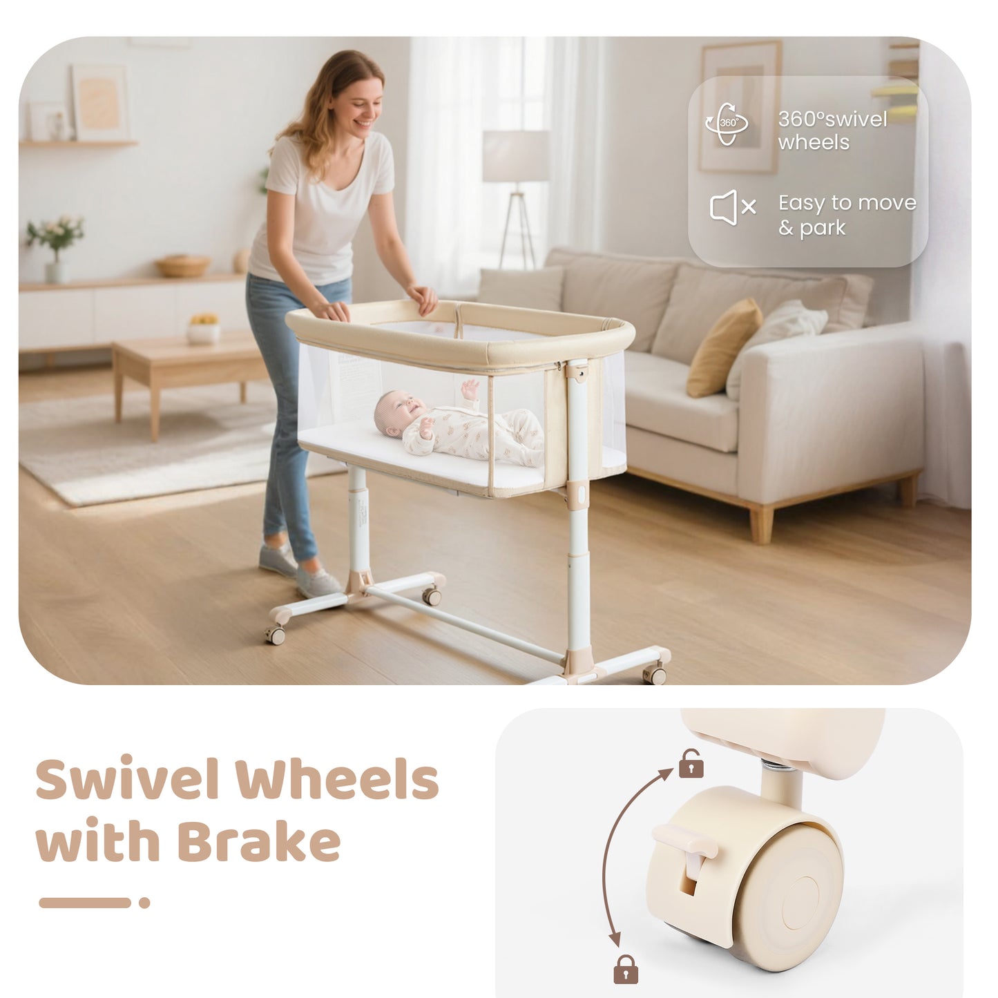 AILEEKISS Baby Bassinet Bedside Sleeper, Height Adjustable Newborn Baby Bassinet with Wheels, Beige