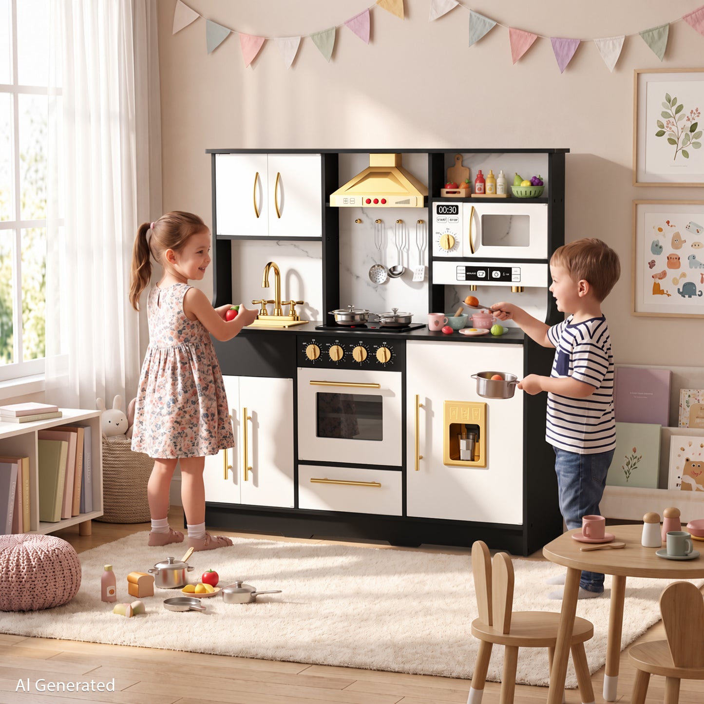 AILEEKISS Wood Kids Play Kitchen, Pretend Kitchen Playset for Children Age 3 Years up, Black