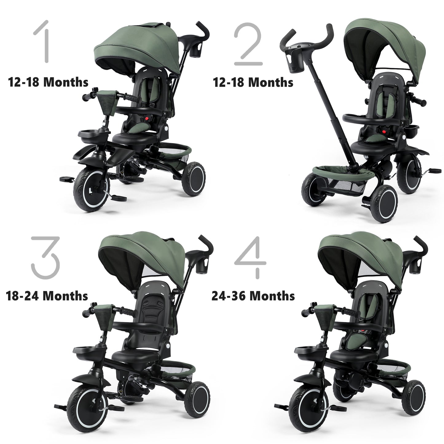 AILEEKISS 8-in-1 Kids' Tricycle Stroller, Folding Toddler Bicycle Unisex Ride Trike 1-6 Years, Military Green