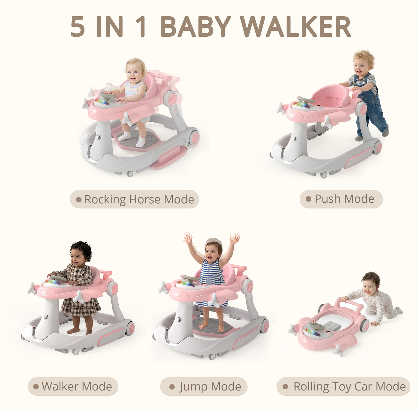 AILEEKISS 5-in-1 Musical Baby Walker with Wheels, Foldable Baby Walker for Boys Girls, Pink& Beige