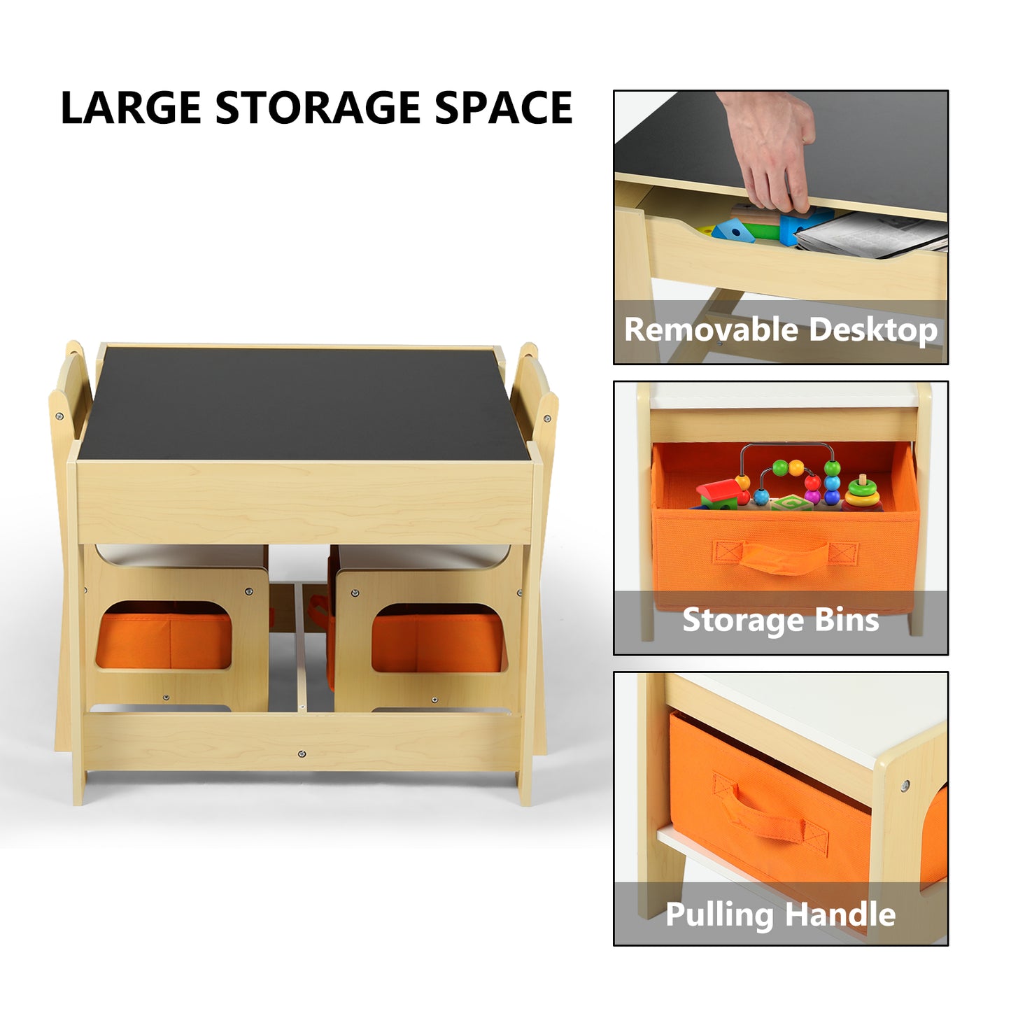 3 in 1 Kids Wood Table & 2 Chairs Set Children Activity Table w/Storage, Natural