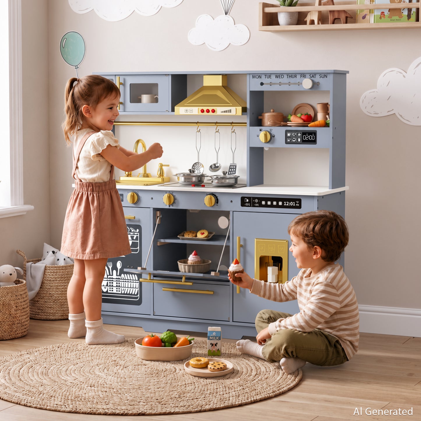 AILEEKISS Kids Toy Kitchen for Children, Pretend Kids Play Kitchen Set with Cooking Accessories, Blue
