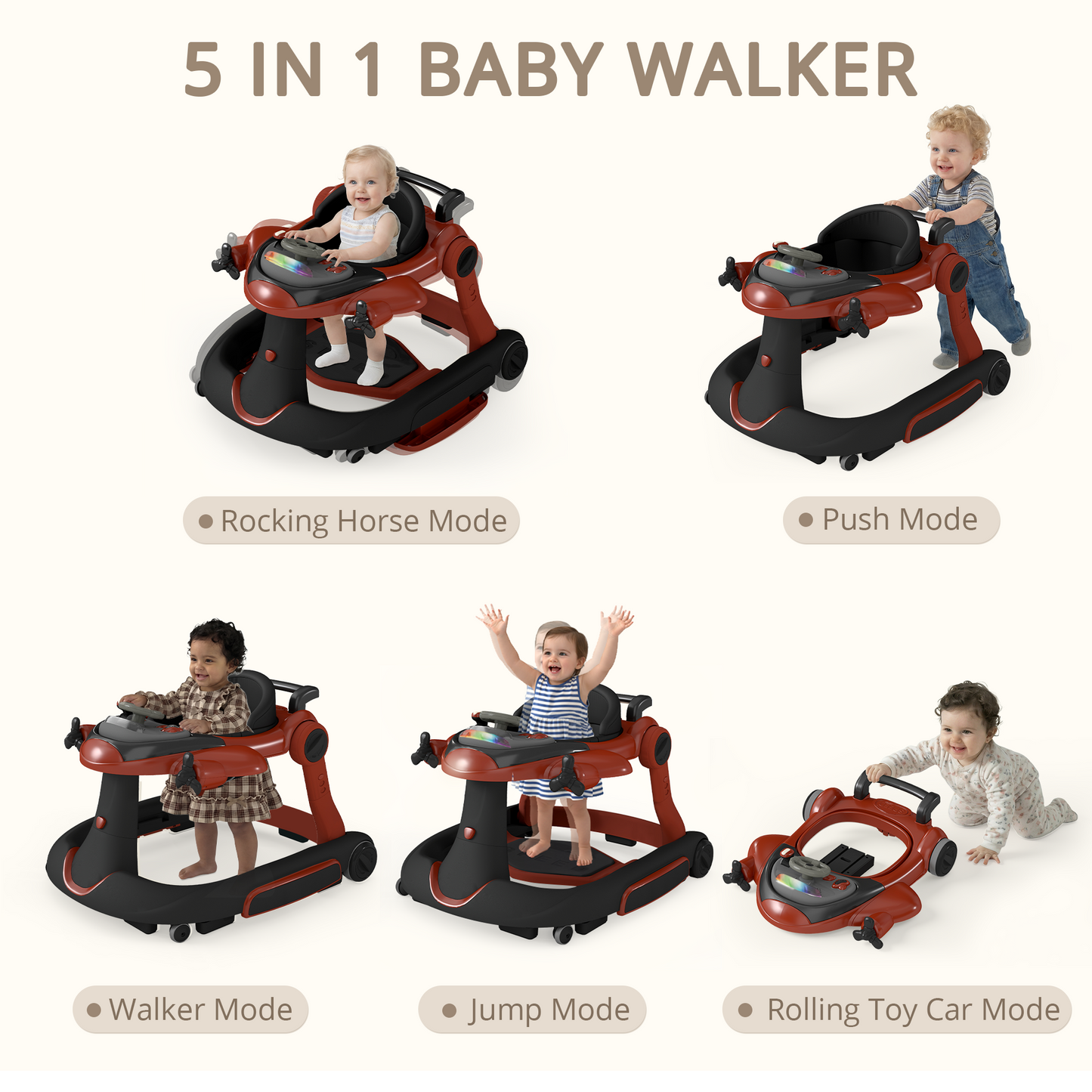 AILEEKISS 5-in-1 Musical Baby Walker with Wheels, Foldable Baby Walker for Boys Girls, Red