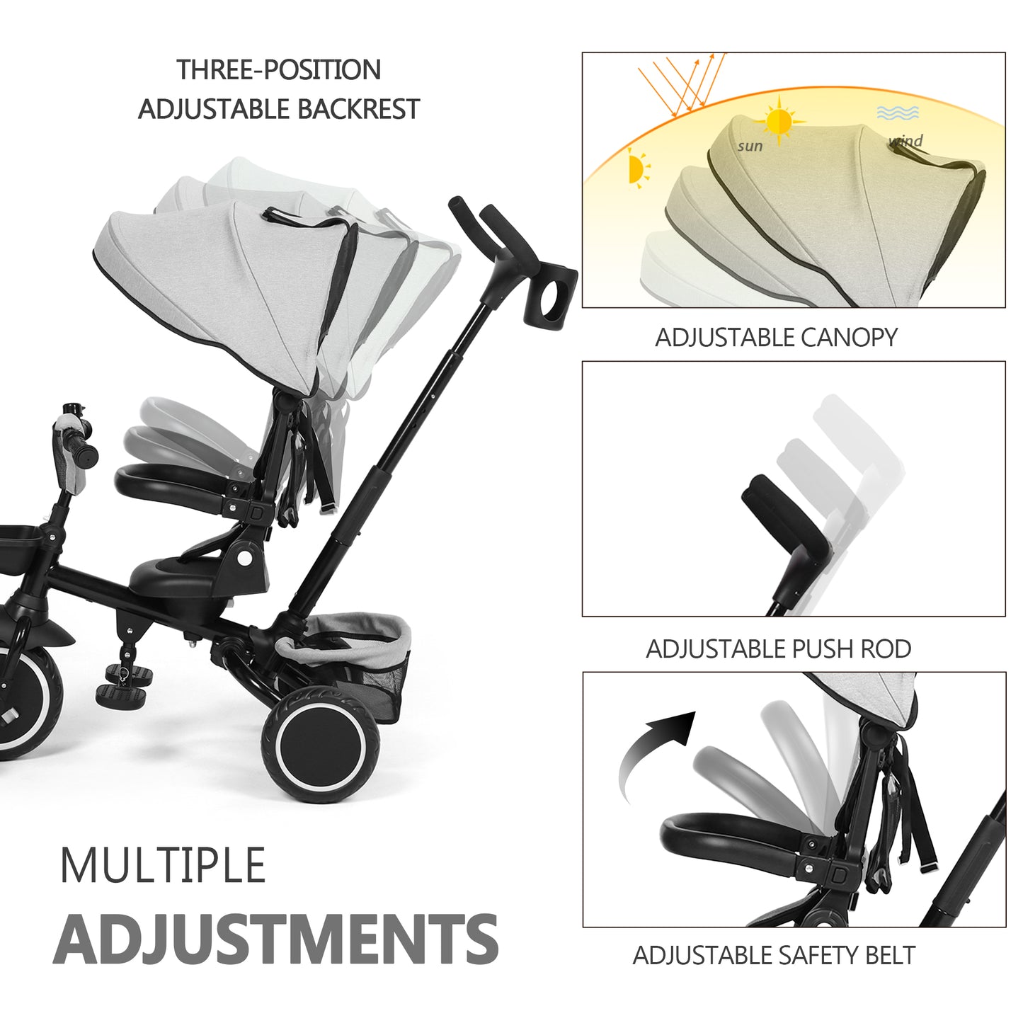 LINLUX 8 in 1 Kids Tricycle, Folding Toddler Trike with Push Handle, Tricycle for Kids, Light Gray