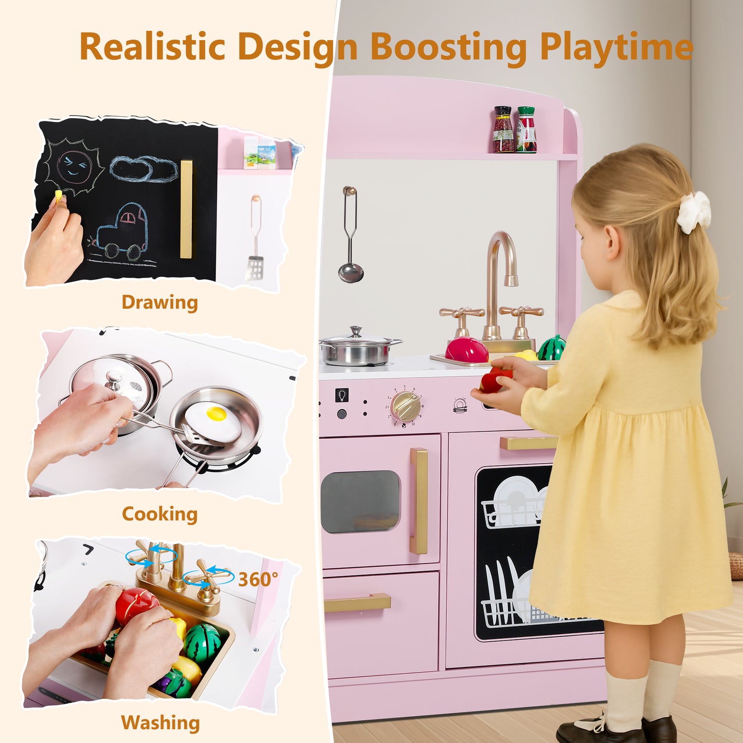 AILEEKISS Wood Kids Play Kitchen, Pretend Kitchen Playset for Children Age 3 Years up, Pink