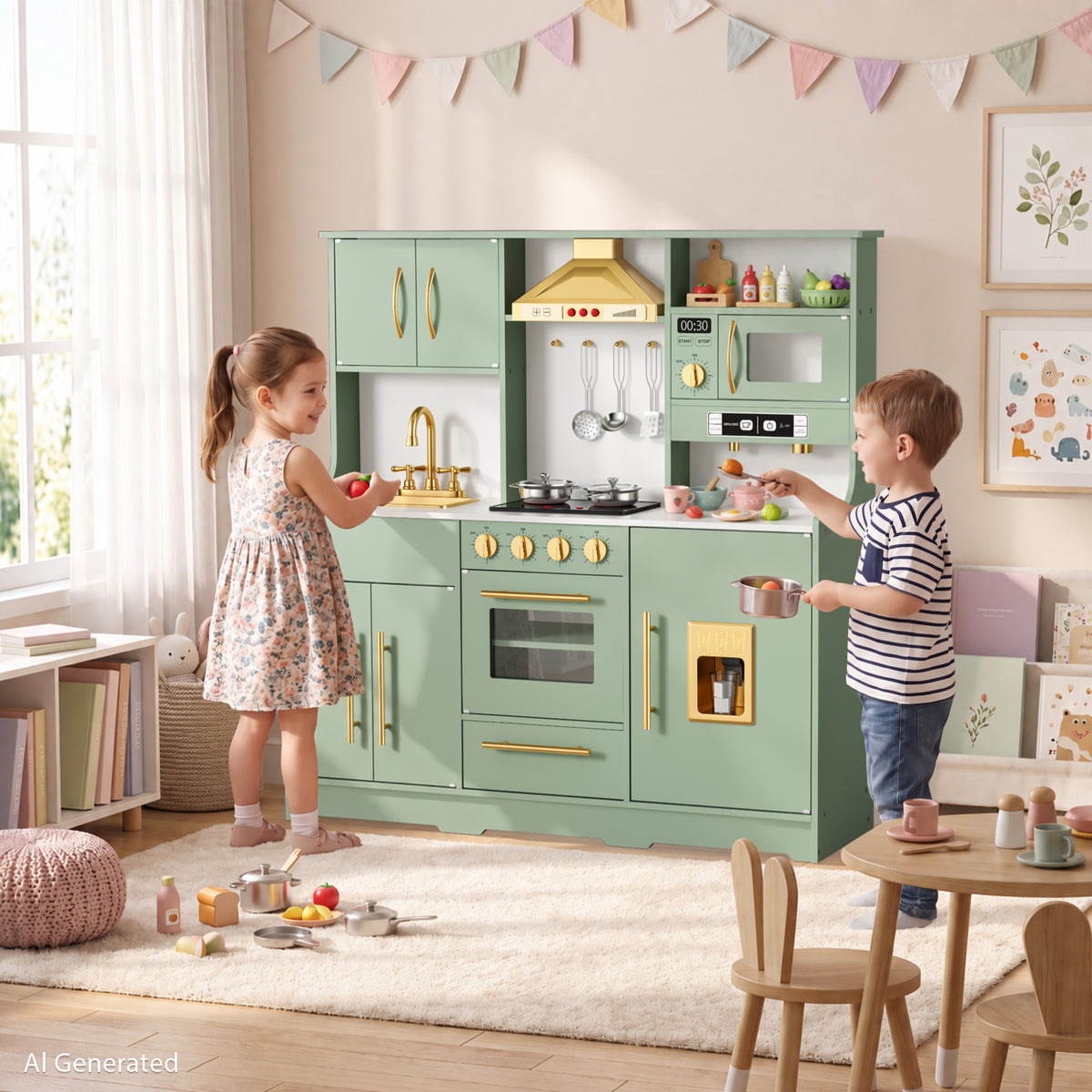 AILEEKISS Wood Kids Play Kitchen, Pretend Kitchen Playset for Children Age 3 Years up, Green
