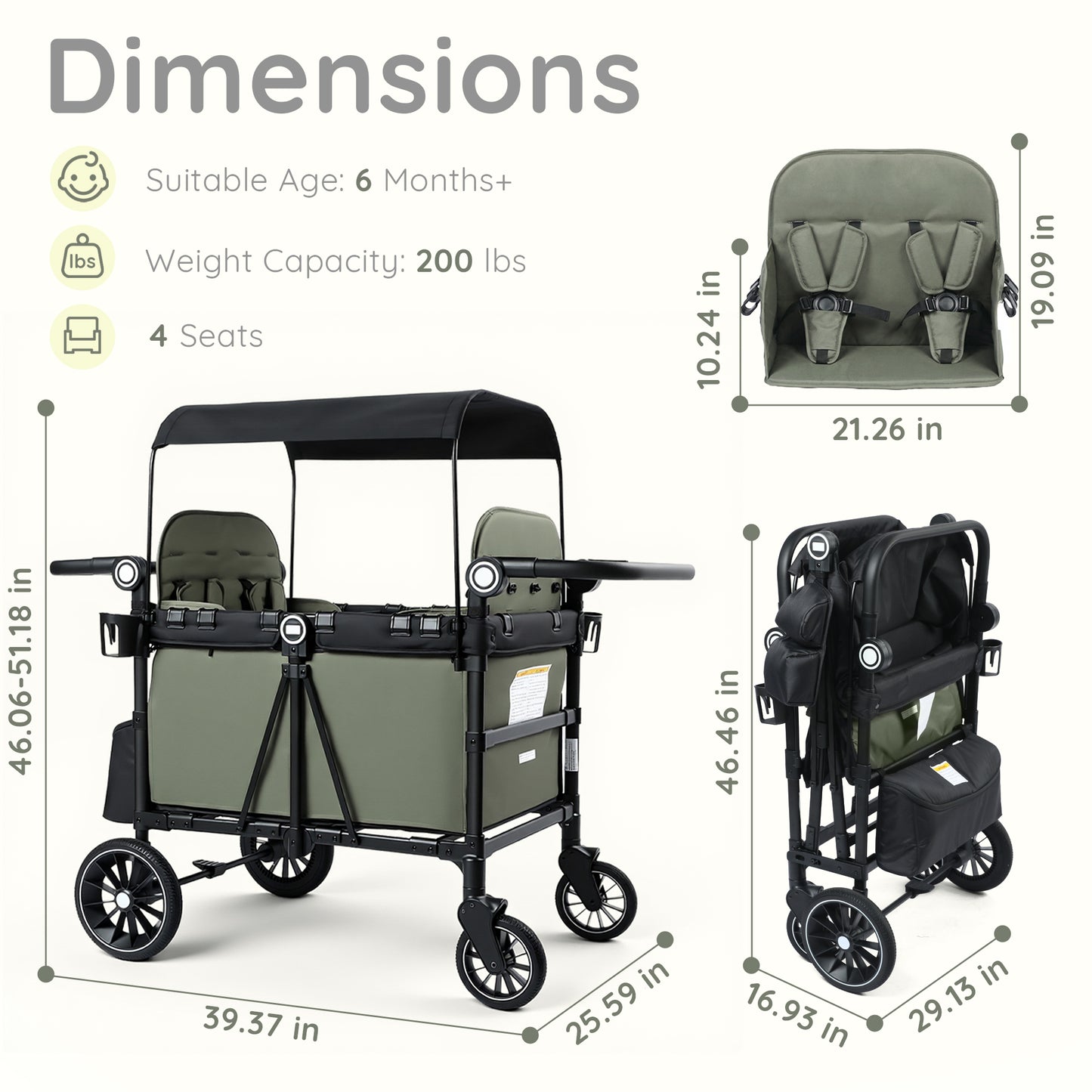 LINLUX 2 Kids Wagon Stroller, Foldable Outdoor 2-Seat Stroller Wagon, Removable Canopy, 55 Pound, Green
