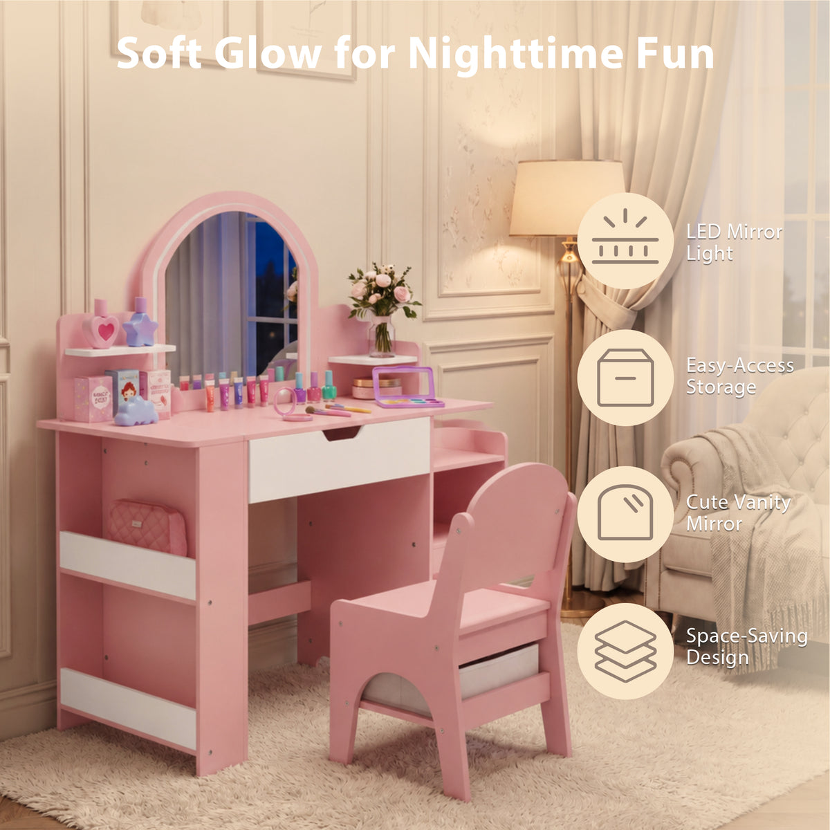 AILEEKISS Vanity Table Set with Flip Desktop, Pretend Play Makeup Table with Drawers, Pink