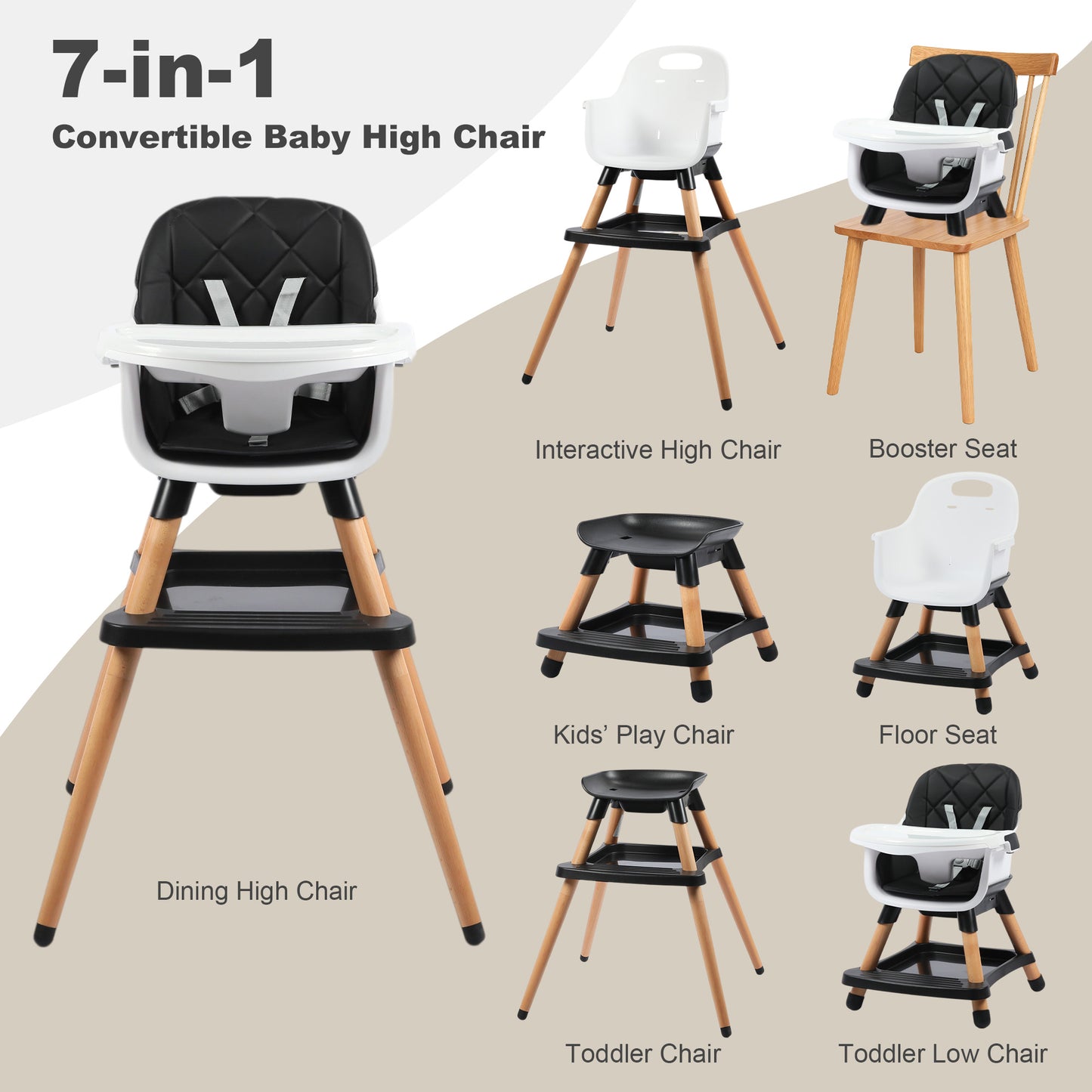AILEEKISS 7 in 1 Wooden Baby High Chair Infant Feeding Chair with Removable Tray, Black