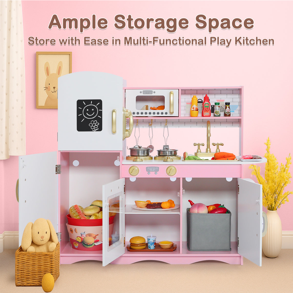 AILEEKISS Kids Play Kitchen Set, Wood Kitchen Playset for Toddler with Accessories, Gold Pink