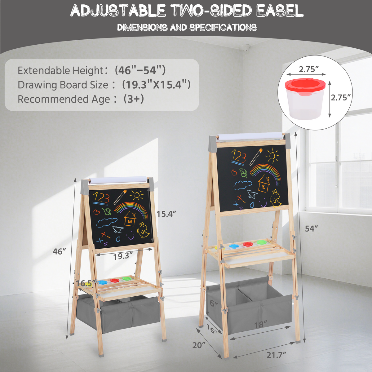 AILEEKISS Kids Art Easel Double-Sided Art Easel with Whiteboard and Chalkboard for Painting, Grey