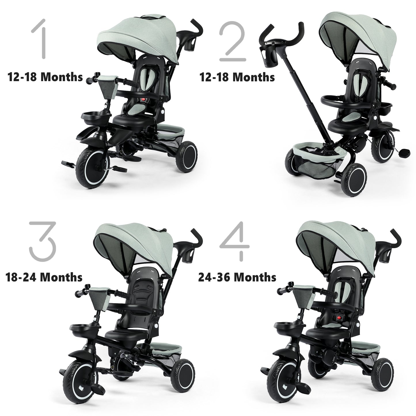 AILEEKISS 8-in-1 Kids' Tricycle Stroller, Folding Toddler Bicycle Unisex Ride Trike 1-6 Years, Mint Green