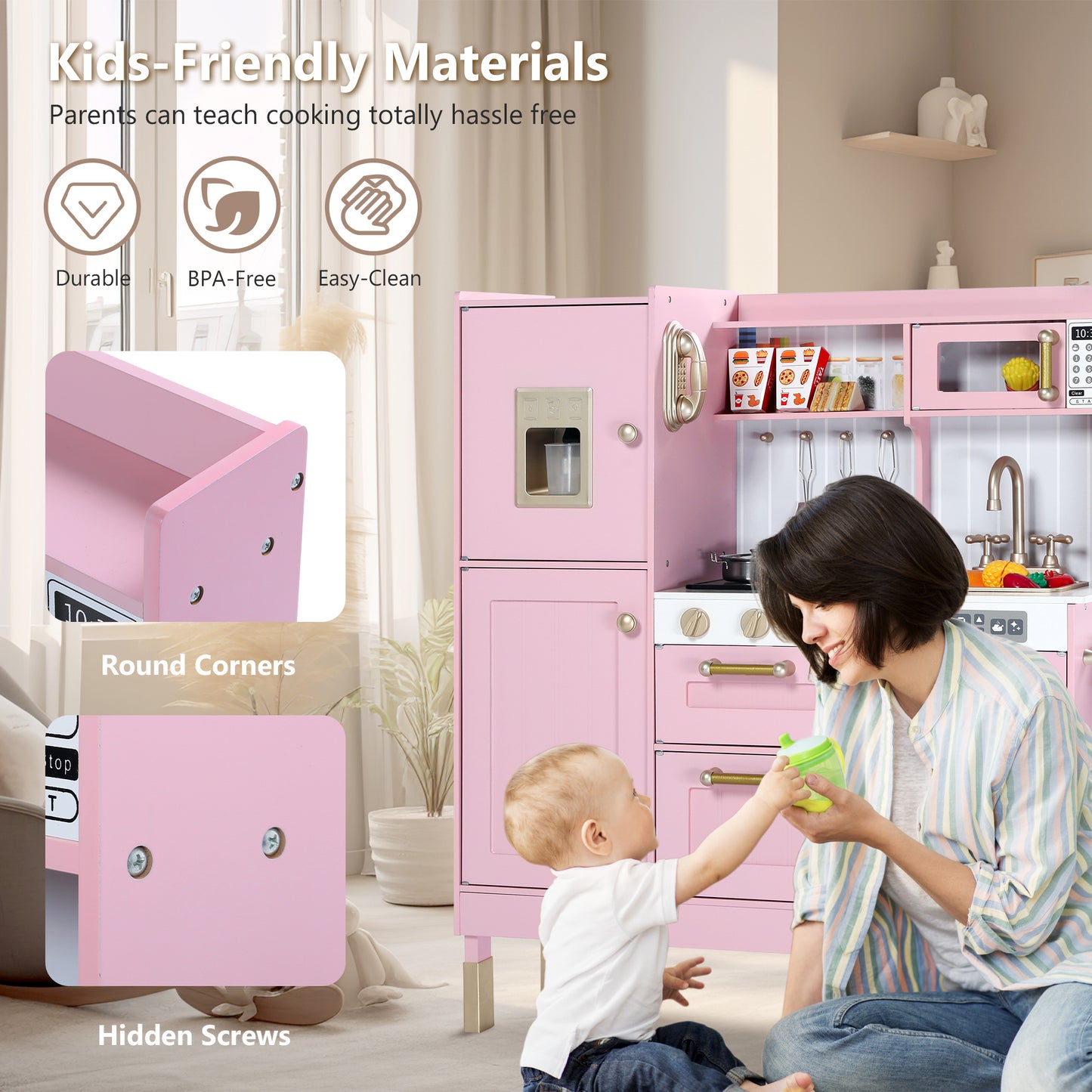 LINLUX Wooden Kids Play Kitchen, Toy Kitchen Playset For Toddler, Realistic Kitchen Sets Baby, Pink